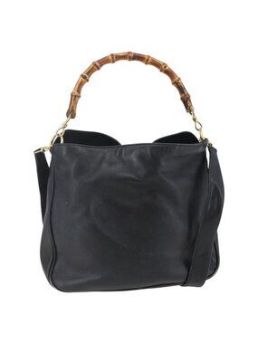 Authentic GUCCI Bamboo Shoulder Bag Leather 2way Black Gold 001 3444 1638